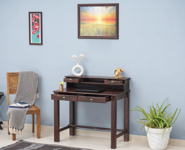 Oslo Solid Wood Study Table with Four Drawer - Study Table - Furniselan - Grey-Finish