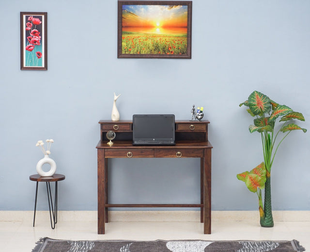Oslo Solid Wood Study Table with Four Drawer - Study Table - Furniselan - Teak-Finish