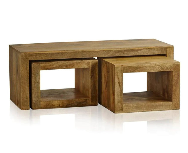 Portugal Solid Wood Coffee Table With Two Stool - Stools - Furniselan - Natural-Mango-Finish