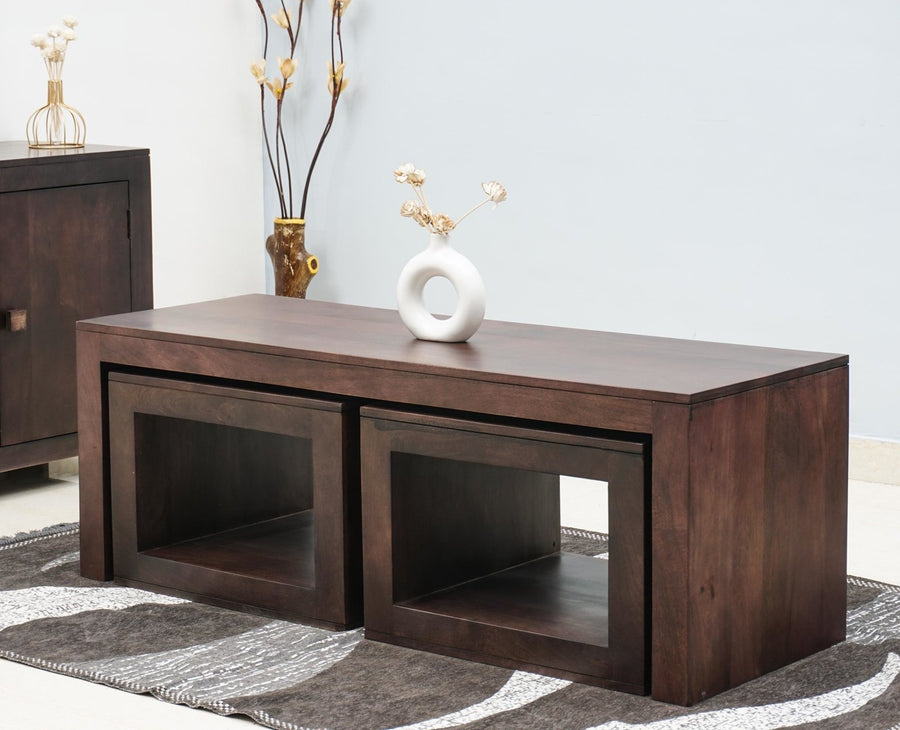 Portugal Solid Wood Coffee Table With Two Stool - Stools - Furniselan -  Grey-Finish