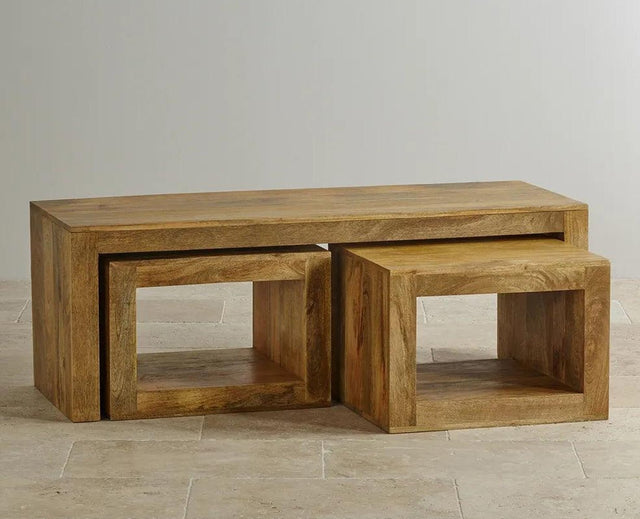 Portugal Solid Wood Coffee Table With Two Stool - Stools - Furniselan - Natural-Mango-Finish