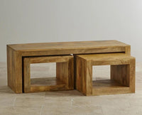 Portugal Solid Wood Coffee Table With Two Stool - Stools - Furniselan - Natural-Mango-Finish
