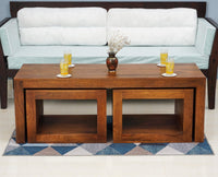 Portugal Solid Wood Coffee Table With Two Stool - Stools - Furniselan - Dark-Brown-Finish