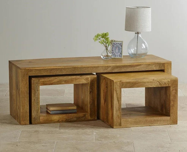 Portugal Solid Wood Coffee Table With Two Stool - Stools - Furniselan - Natural-Mango-Finish