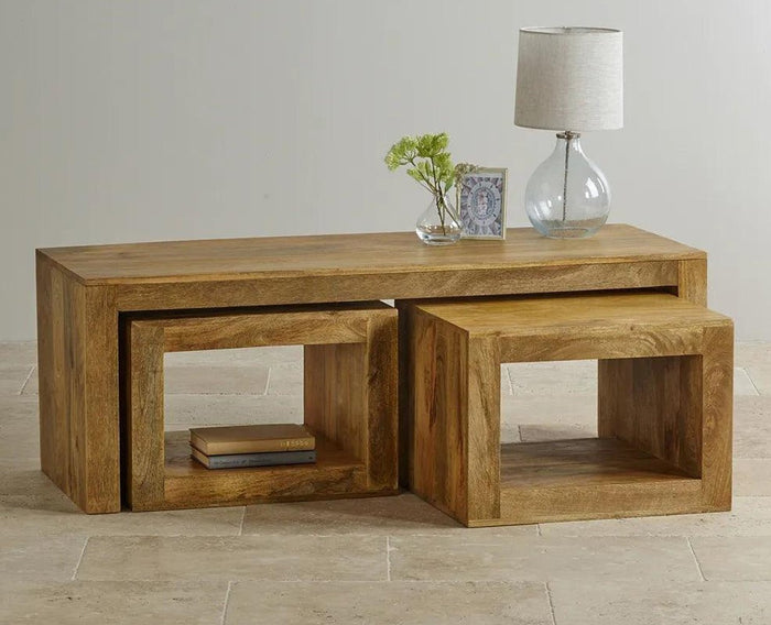 Portugal Solid Wood Coffee Table With Two Stool - Stools - Furniselan