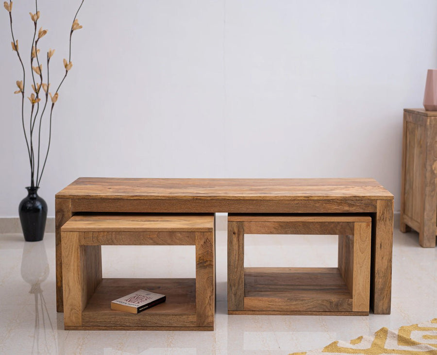 Portugal Solid Wood Coffee Table With Two Stool - Stools - Furniselan - Natural-Mango-Finish