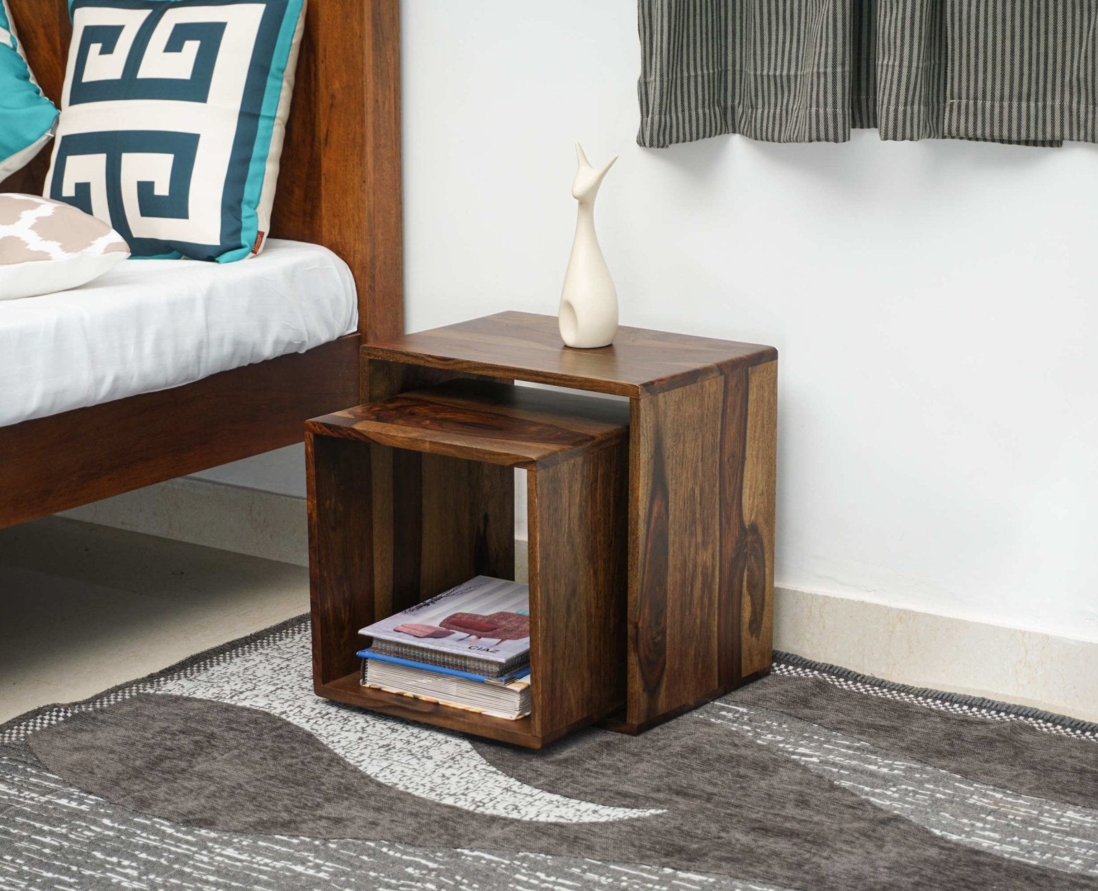 Prague Solid Wood End Table Set of Two - Bedside Table - Furniselan - Teak-Finish