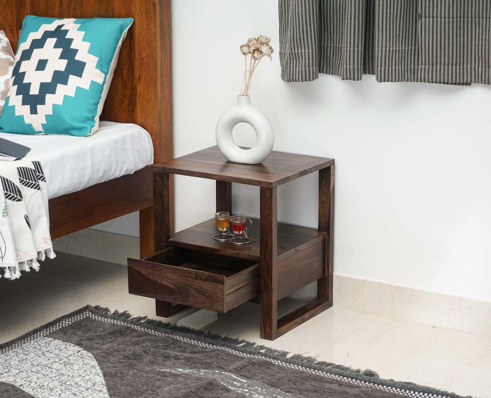 Buy Sheesham Wood One Drawer Bedside Table with open Shelve Online on ...