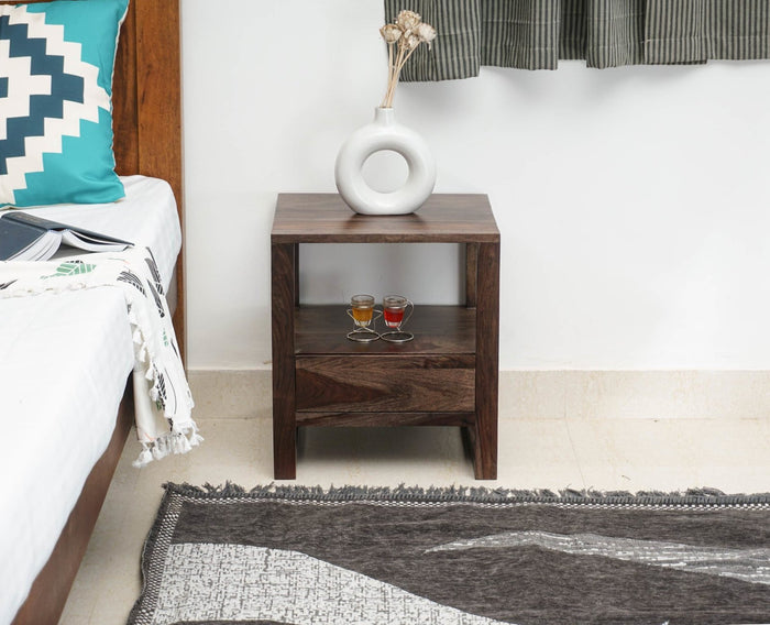 Puducherry Sheesham Wood One Drawer Bedside Table with open Shelve - Bedside Table - Furniselan