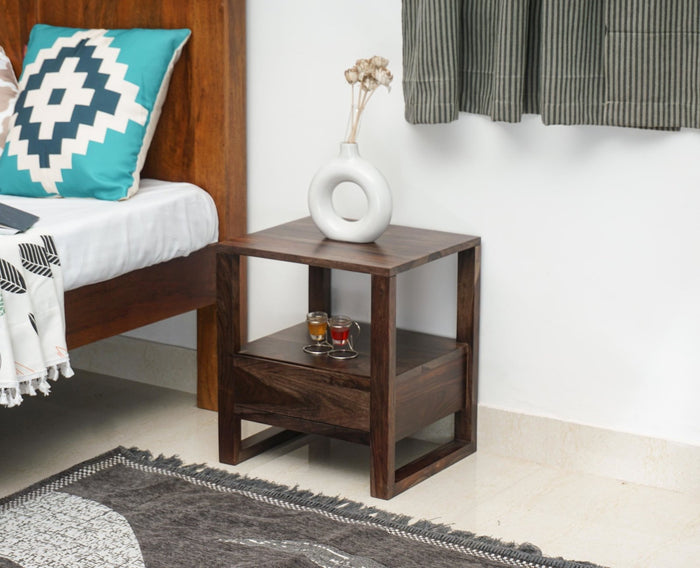 Puducherry Sheesham Wood One Drawer Bedside Table with open Shelve - Bedside Table - Furniselan