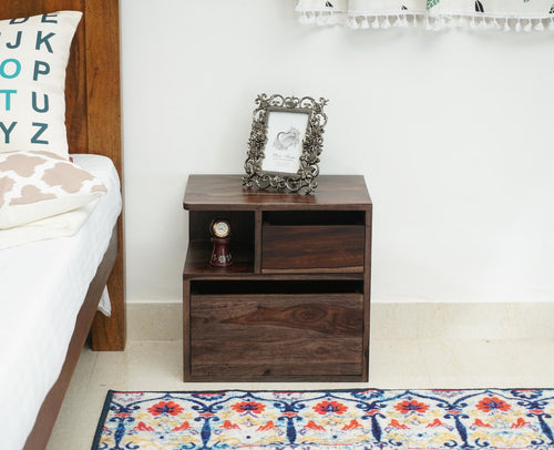 Rajkot Solid Wood Two Drawer Bedside Table with open Shelve - Bedside Table - Furniselan-Grey-Finish