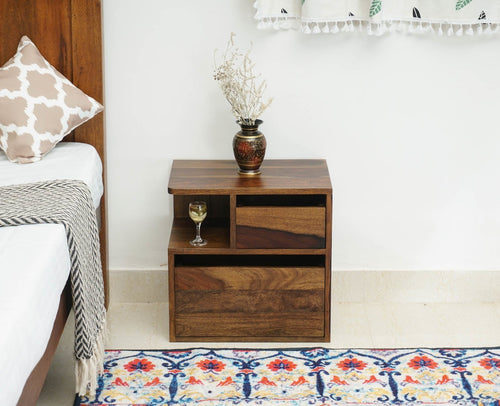 Rajkot Solid Wood Two Drawer Bedside Table with open Shelve - Bedside Table - Furniselan-Teak-Finish