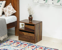 Rajkot Solid Wood Two Drawer Bedside Table with open Shelve - Bedside Table - Furniselan-Teak-Finish