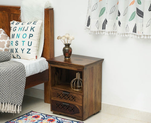 Rome Solid Two Drawer Bedside Table with open Shelve - Bedside Table - Furniselan-Teak-Finish