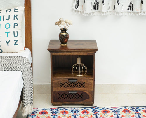 Rome Solid Two Drawer Bedside Table with open Shelve - Bedside Table - Furniselan-Teak-Finish