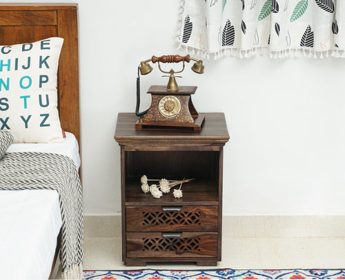 Rome Solid Two Drawer Bedside Table with open Shelve - Bedside Table - Furniselan-Grey-Finish