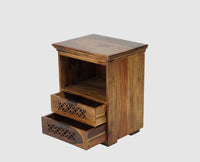 Rome Solid Two Drawer Bedside Table with open Shelve - Bedside Table - Furniselan-Teak-Finish