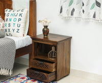 Rome Solid Two Drawer Bedside Table with open Shelve - Bedside Table - Furniselan-Teak-Finish