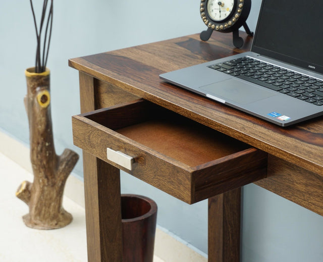Sendai Solid Wood Study Table with One Drawer - Study Table - Furniselan - Teak-Finish