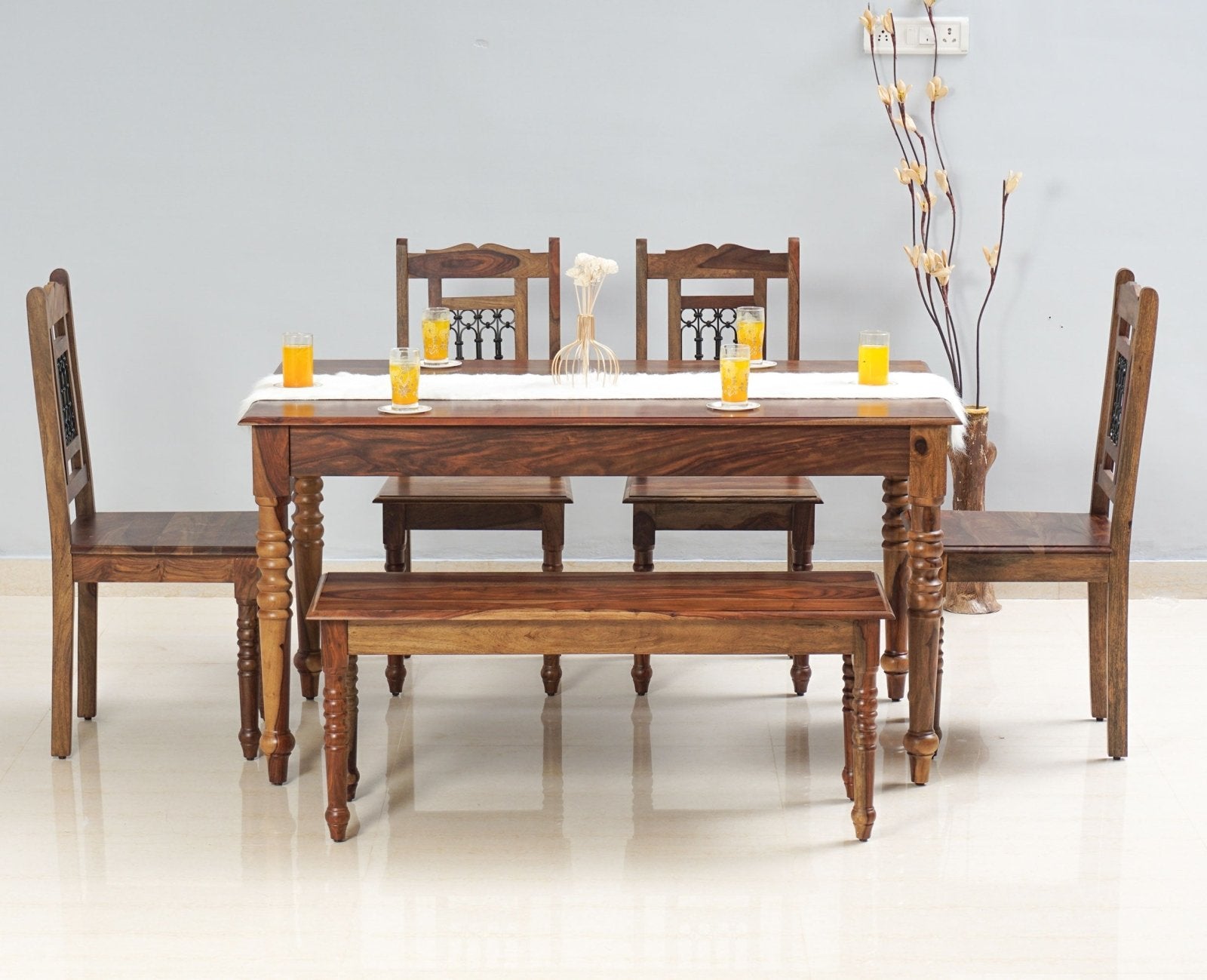 Sweden 6 Seater Dining Set With 4 Chairs & Bench - Furniselan - Teak-Finish
