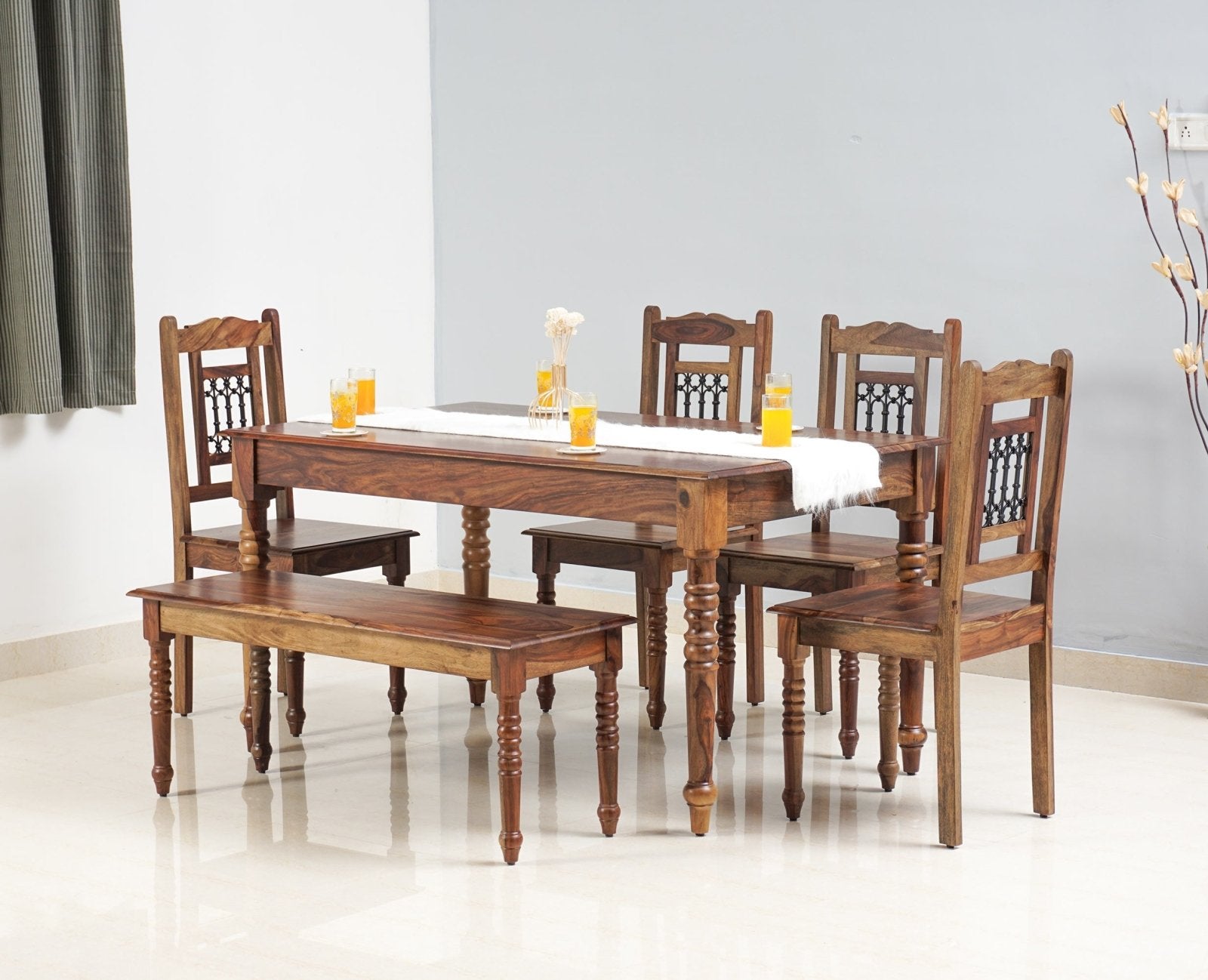Sweden 6 Seater Dining Set With 4 Chairs & Bench - Furniselan - Teak-Finish