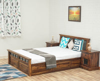 Sweden Solid Wood Queen Size Bed with Box Storage Furniselan-Teak-Finish