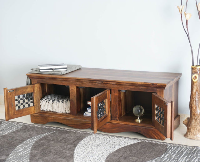 Sweden Solid Wood Three Doors Bench Shoe Rack - Furniselan - Teak-Finish