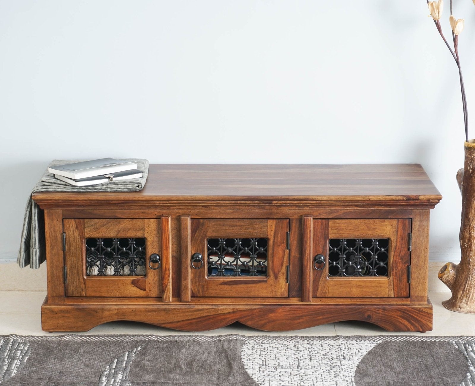 Sweden Solid Wood Three Doors Bench Shoe Rack - Furniselan - Teak-Finish