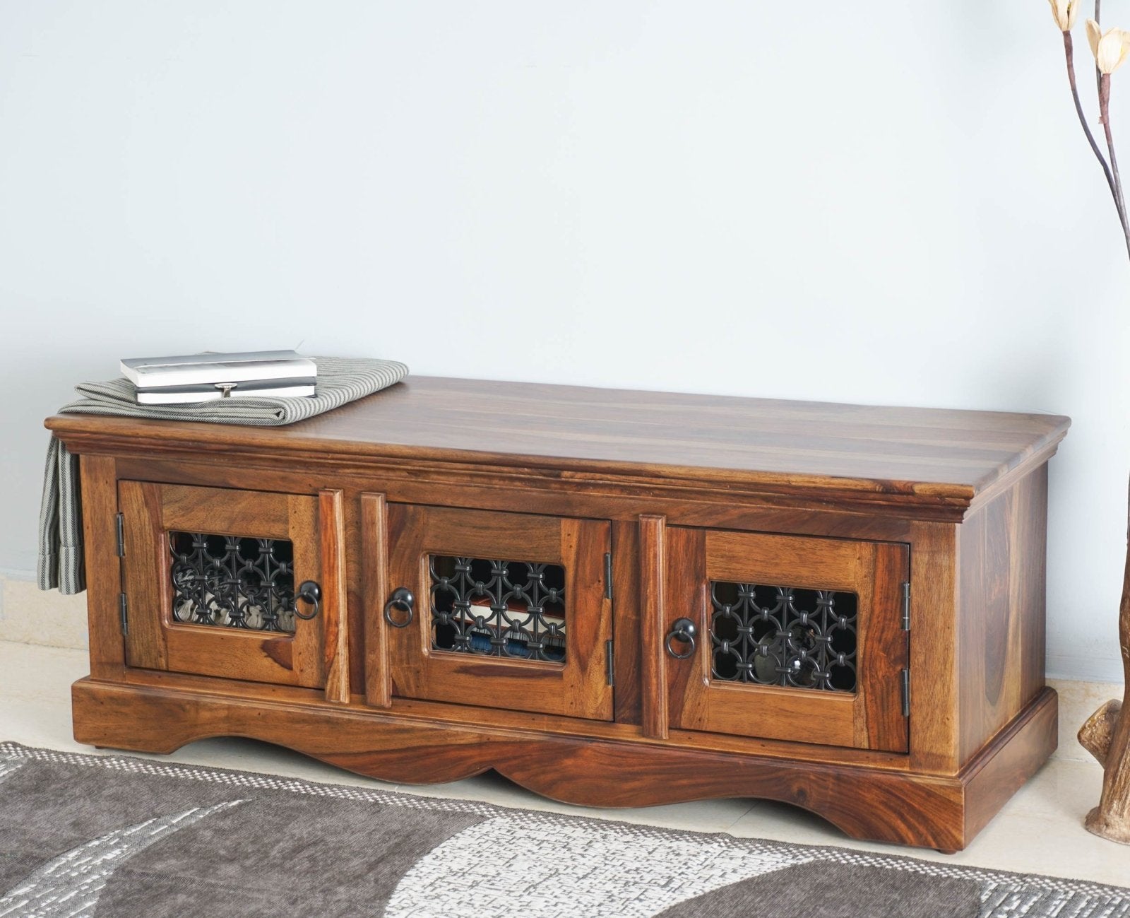Sweden Solid Wood Three Doors Bench Shoe Rack - Furniselan - Teak-Finish