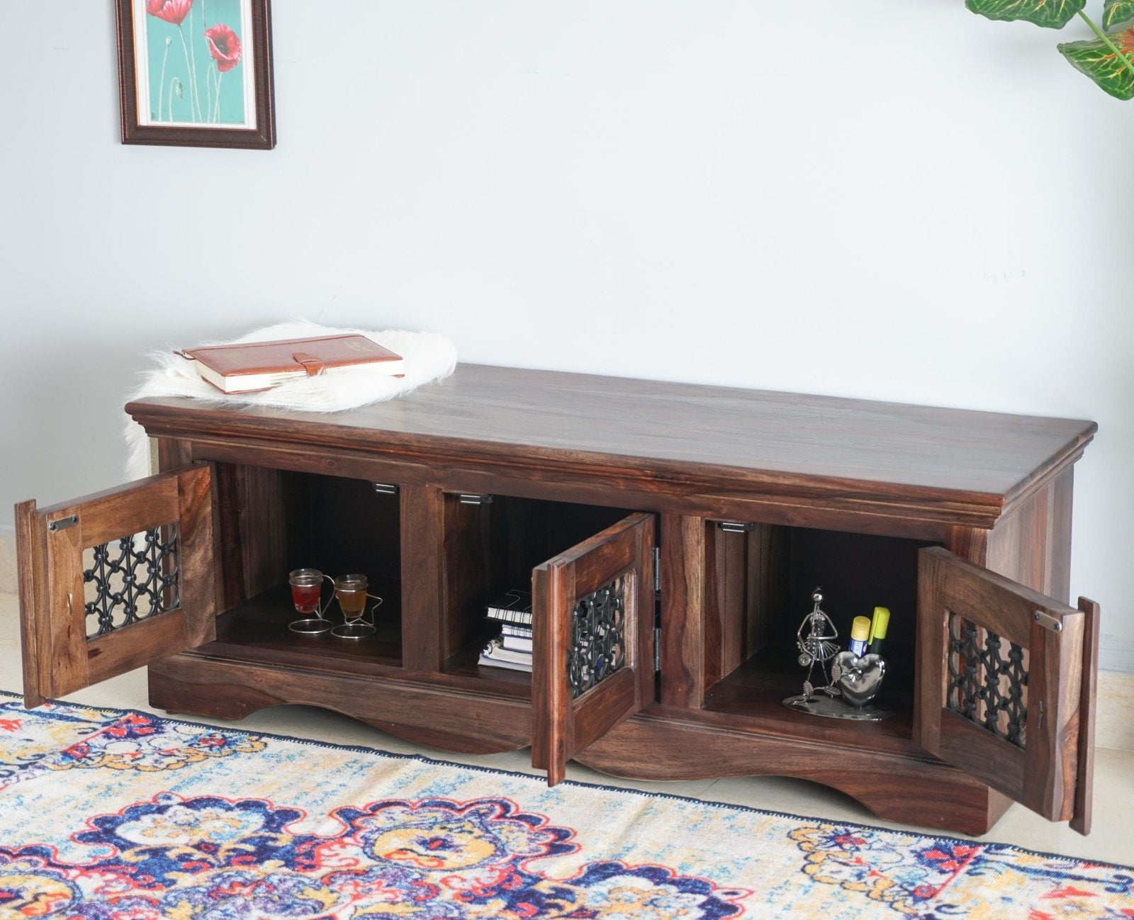 Sweden Solid Wood Three Doors Bench Shoe Rack