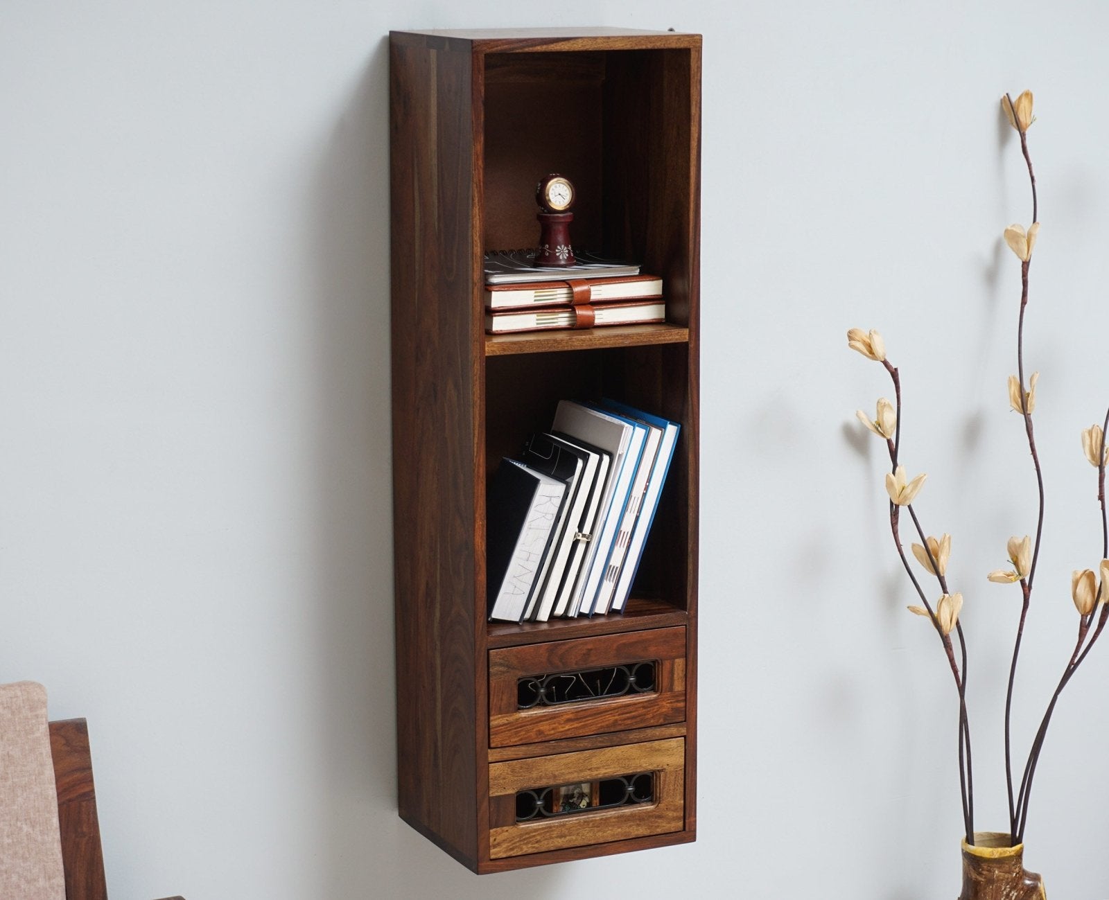 Sweden Wooden Decor Wall Shelve with Two Drawers - Furniselan - Teak-Finish