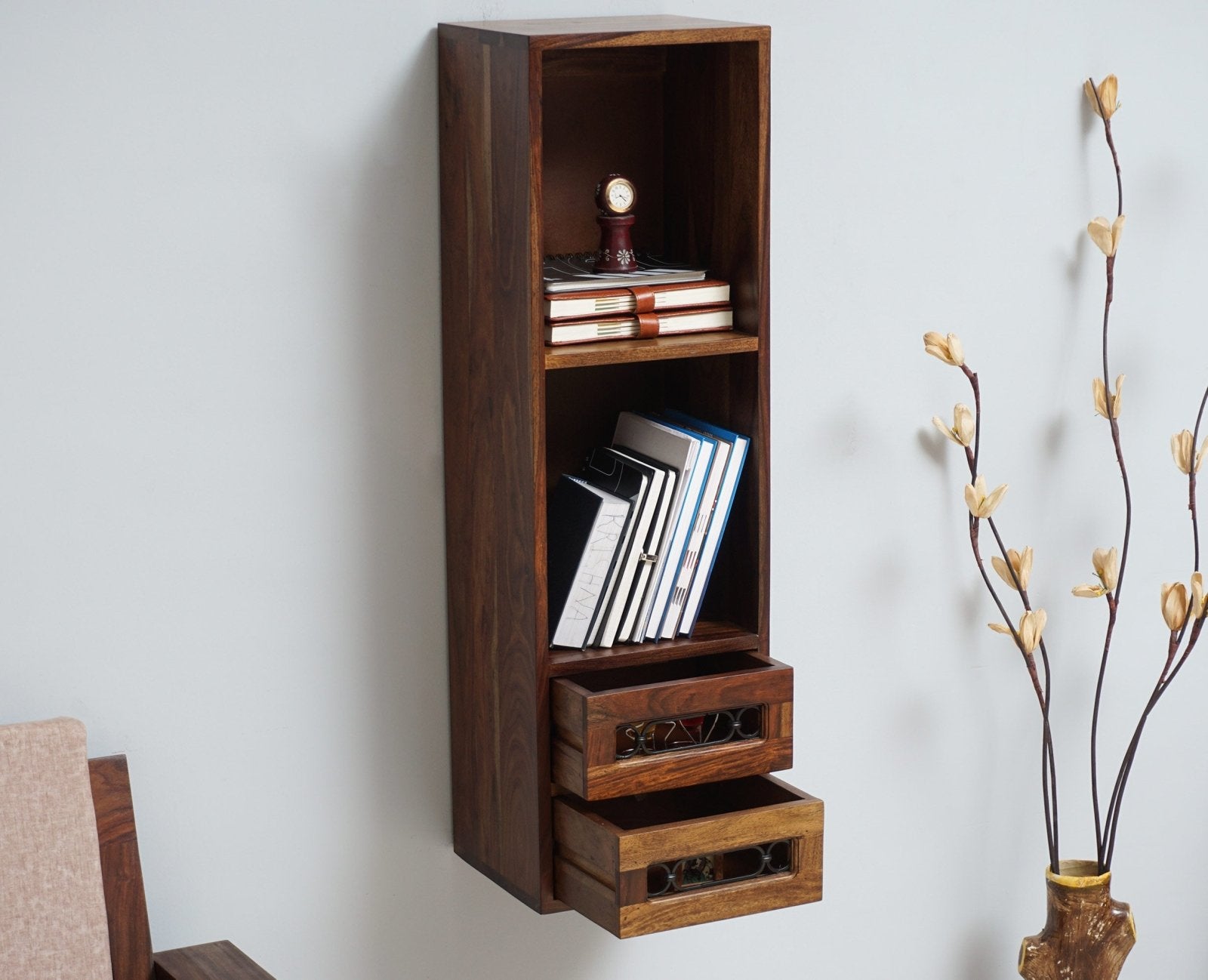 Sweden Wooden Decor Wall Shelve with Two Drawers - Furniselan - Teak-Finish