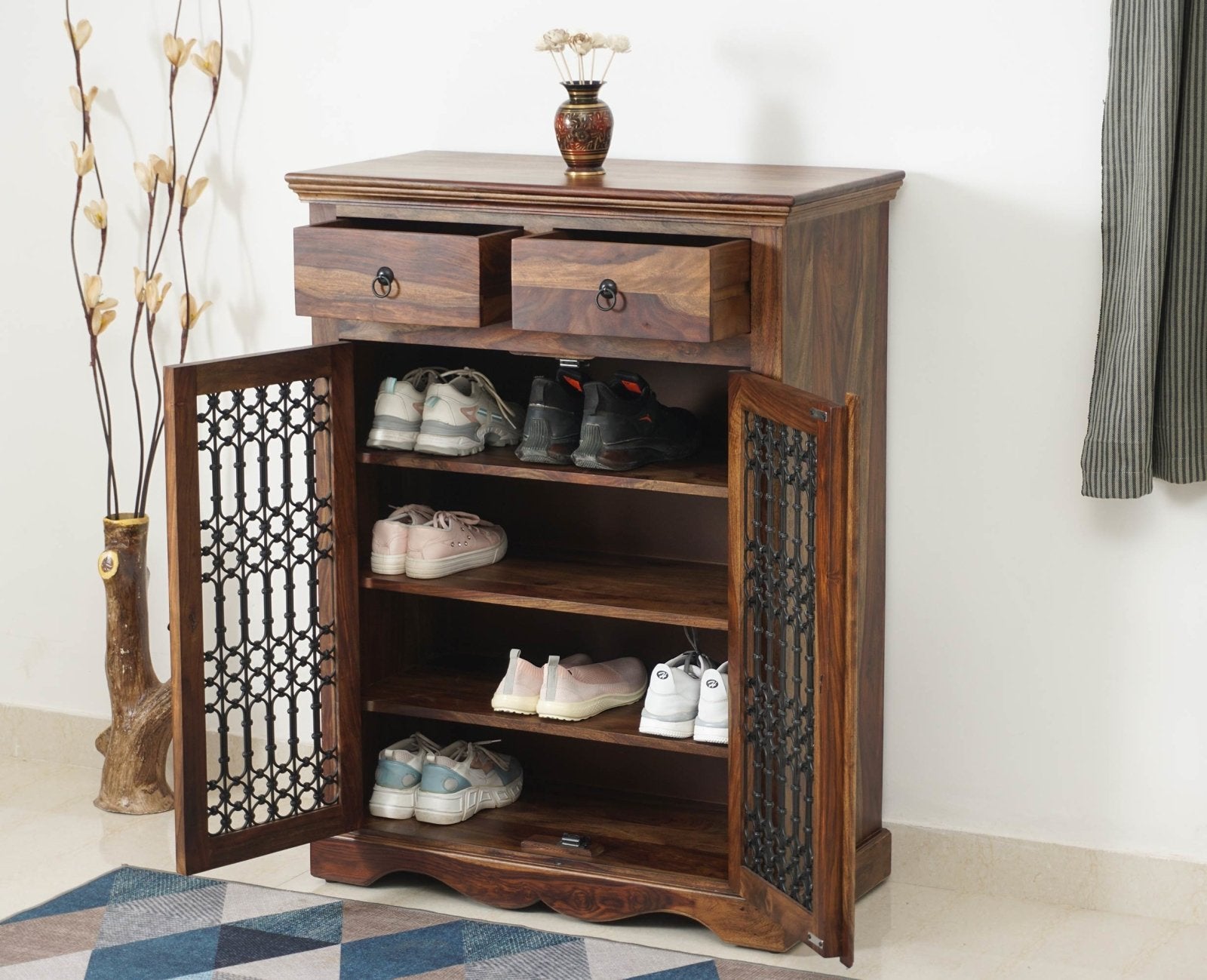Sweden Wooden Two Doors Shoe Rack - Furniselan - Teak-Finish