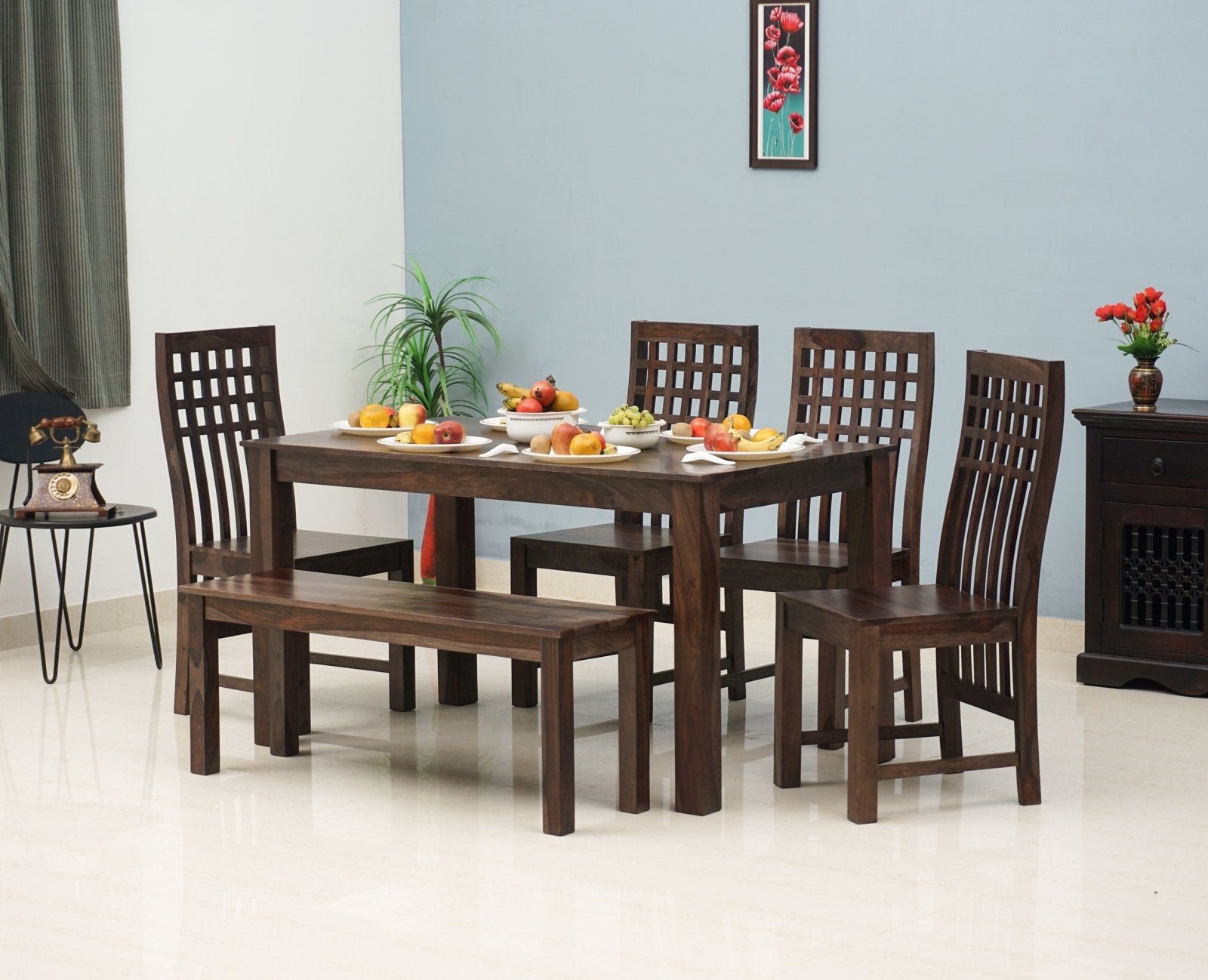 Taiz Sheesham Wood 6 Seater Dining Table Set with 4 Chair & Becnch for Dining Room - Dining Set - Furniselan - Grey-Finish