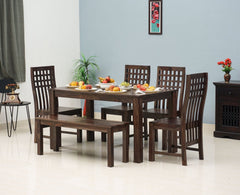 Taiz Sheesham Wood 6 Seater Dining Table Set with 4 Chair & Becnch for Dining Room - Dining Set - Furniselan - Grey-Finish