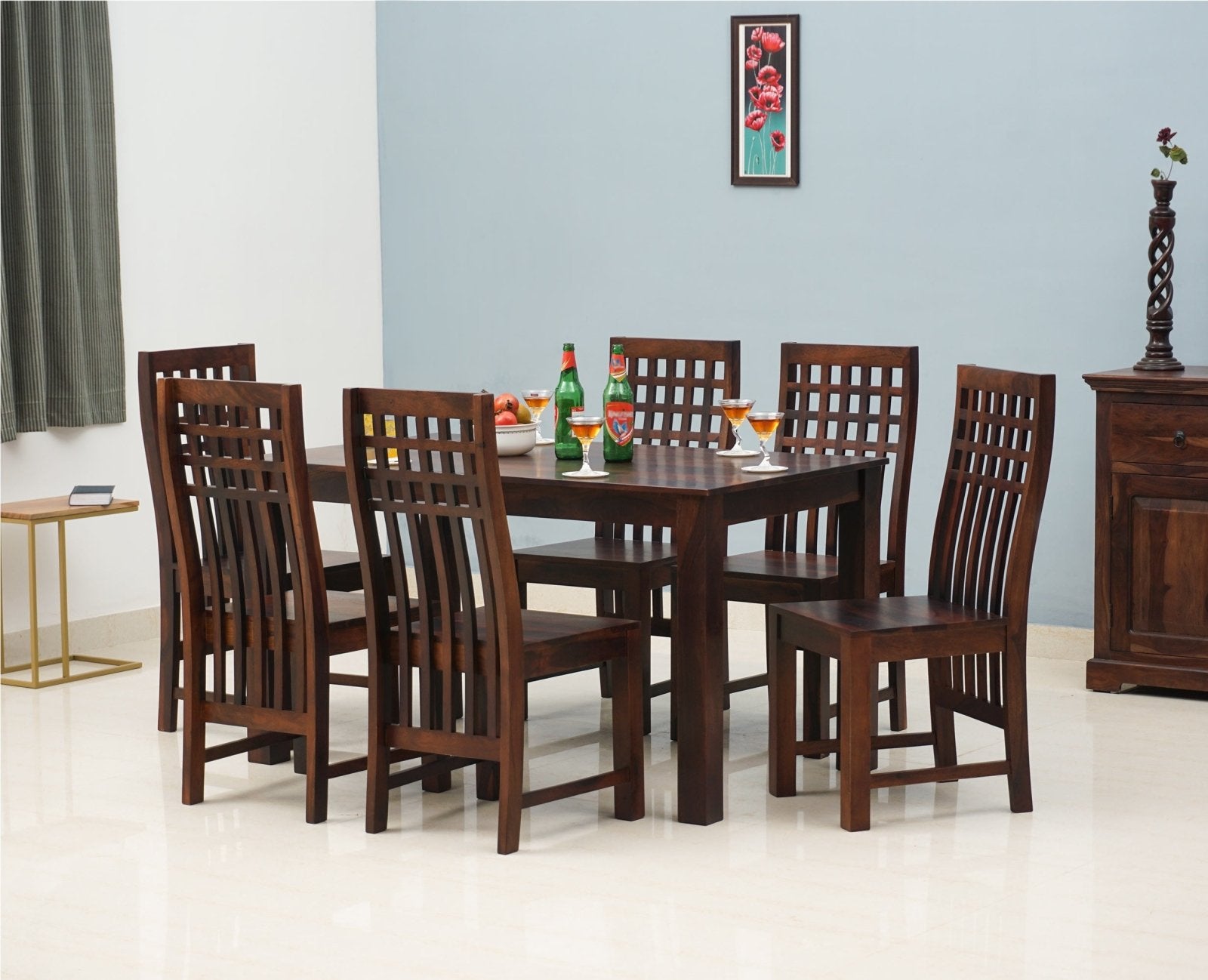Taiz Sheesham Wood 6 Seater Dining Table Set with 6 Chair for Dining Room - Dining Set - Furniselan - Rosewood-Fine-Finish