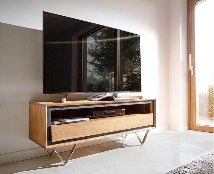 Tokyo Solid Wood one Drawer Tv Cabinet in Natural Teak Finish - Living Room Furniture Sets - Furniselan