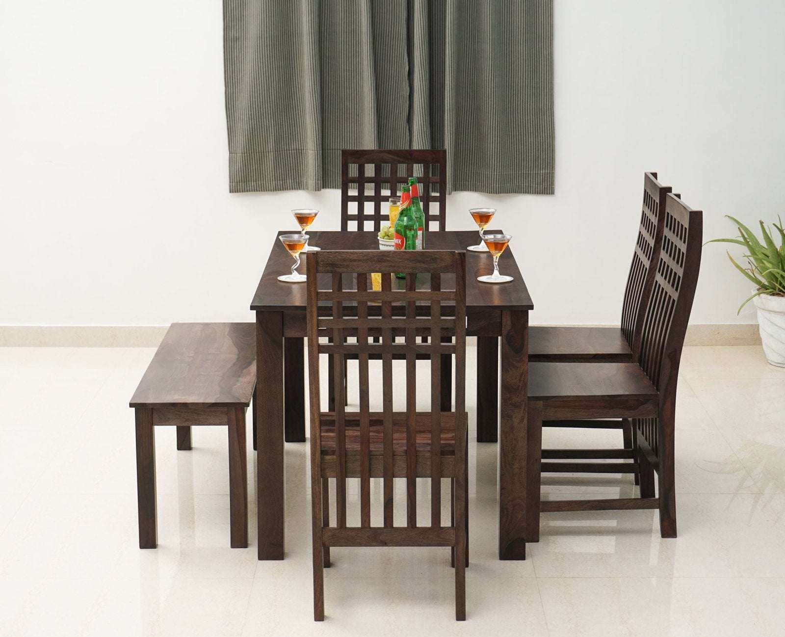 Buy Sheesham Wood 6 Seater Dining Table Set with 4 Chair & Becnch for Dining Room Online on