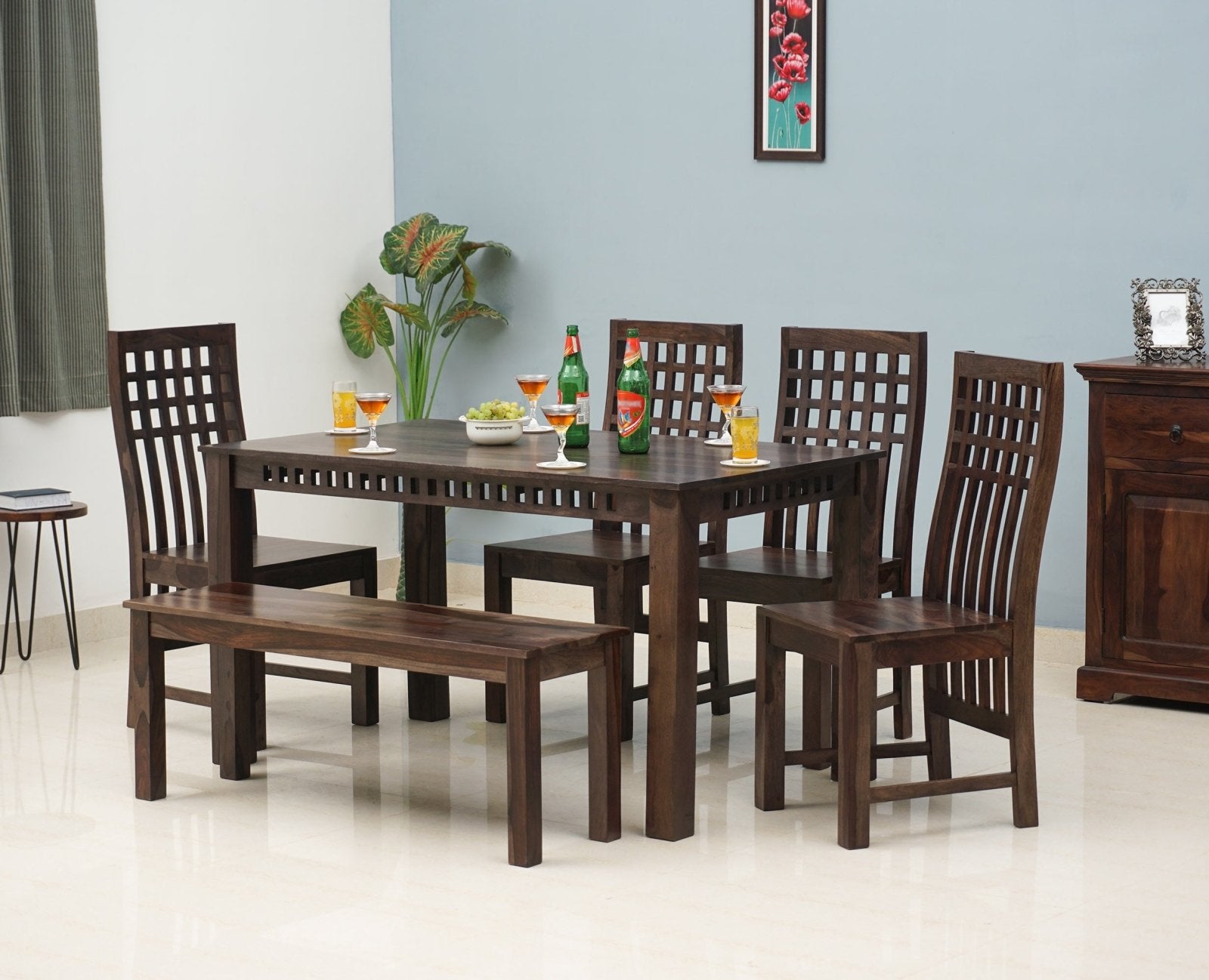 Vijayawada Sheesham Wood 6 Seater Dining Table Set with 4 Chair & Becnch for Dining Room - Dining Set - Furniselan - Grey-Finish