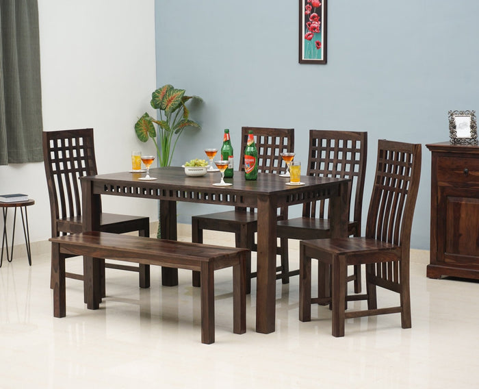 Vijayawada Sheesham Wood 6 Seater Dining Table Set with 4 Chair & Becnch for Dining Room - Dining Set - Furniselan