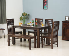 Vijayawada Sheesham Wood 6 Seater Dining Table Set with 4 Chair & Becnch for Dining Room - Dining Set - Furniselan - Grey-Finish