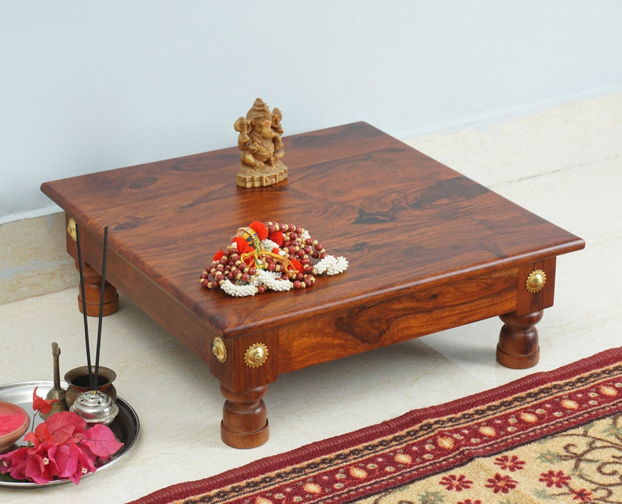 Vinayak Wooden Pooja Chowki - Furniselan - Maple-Finish