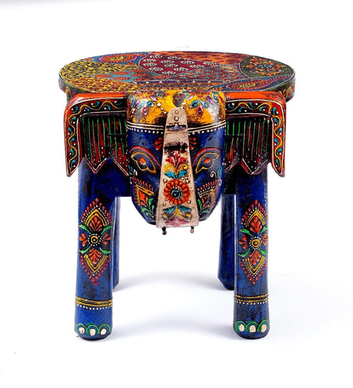 Wooden 8' Blue Elephant Chowki/Flower Pot Stand - Furniselan
