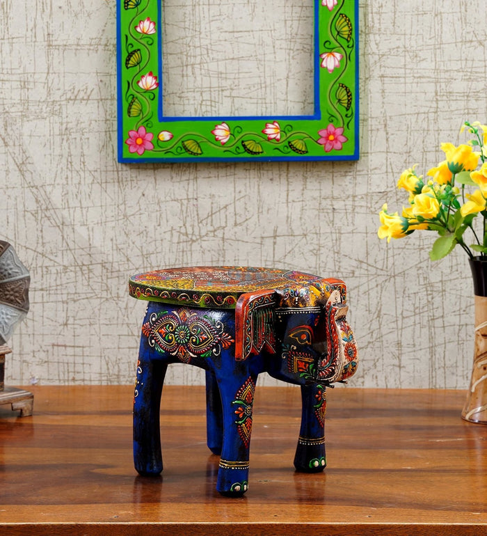 Wooden 8' Blue Elephant Chowki/Flower Pot Stand - Furniselan