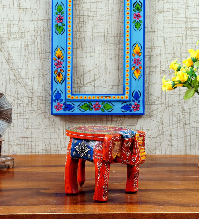 Wooden 8' Saffron Elephant Chowki/Flower Pot Stand - Furniselan