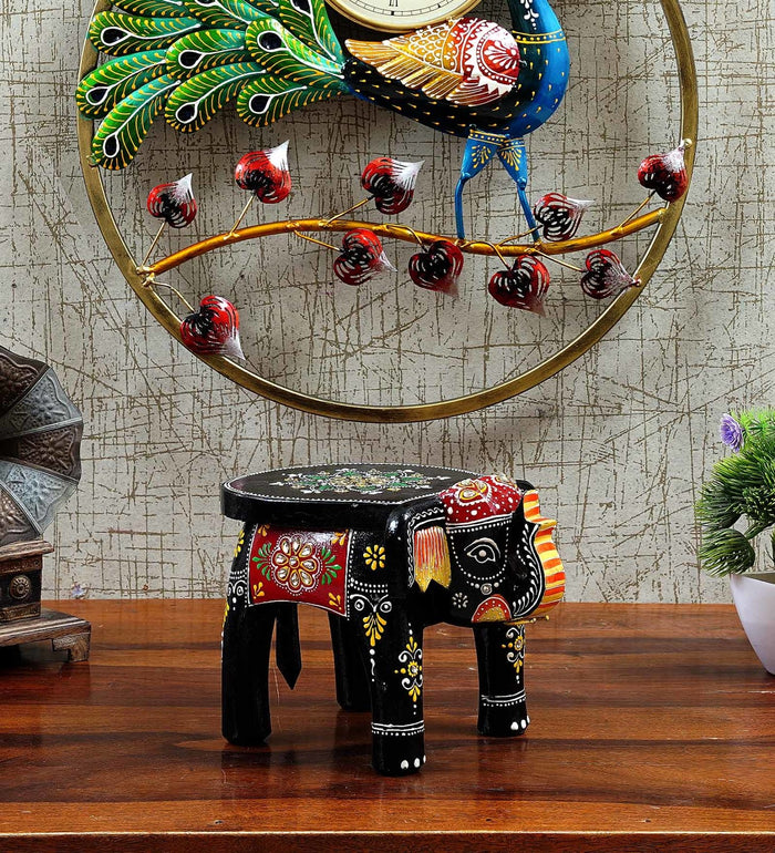 Wooden Mini Black Elephant Chowki/Flower Pot Stand - Furniselan