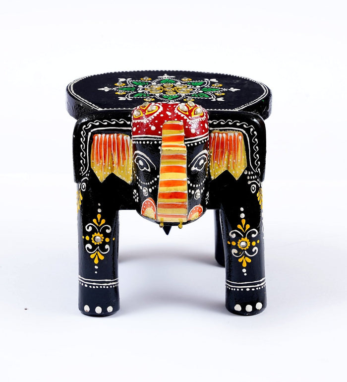 Wooden Mini Black Elephant Chowki/Flower Pot Stand - Furniselan