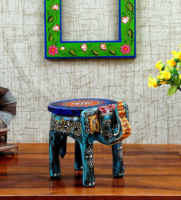 Wooden Mini Blue Elephant Chowki/Flower Pot Stand - Furniselan