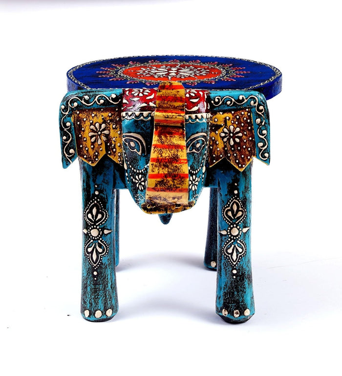 Wooden Mini Blue Elephant Chowki/Flower Pot Stand - Furniselan