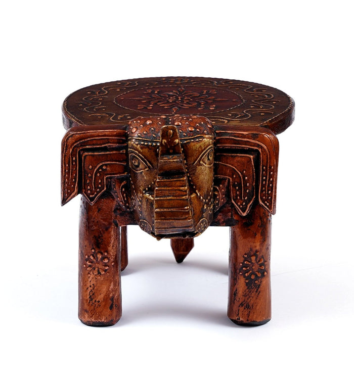 Wooden Mini Copper Elephant Chowki/Flower Pot Stand - Furniselan